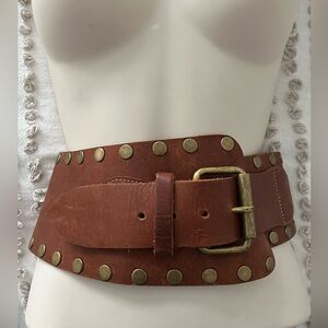 Leatherock 100% Leather Wide Statement Belt Antique Brass Studs and Buckle S/M